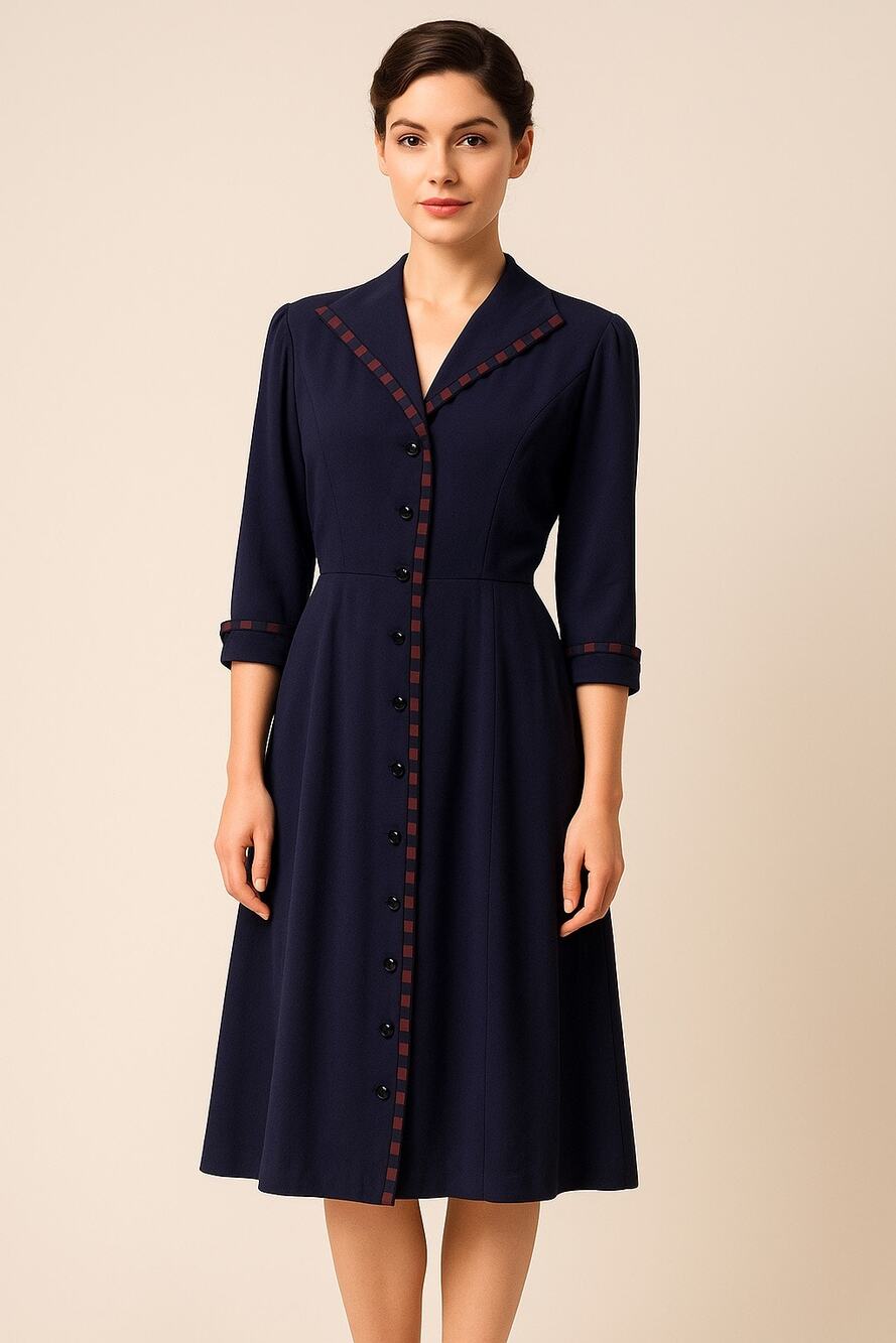 1950s Fair Lady Navy Crepe Button-Front Dress w/ Ribbon Trim medium